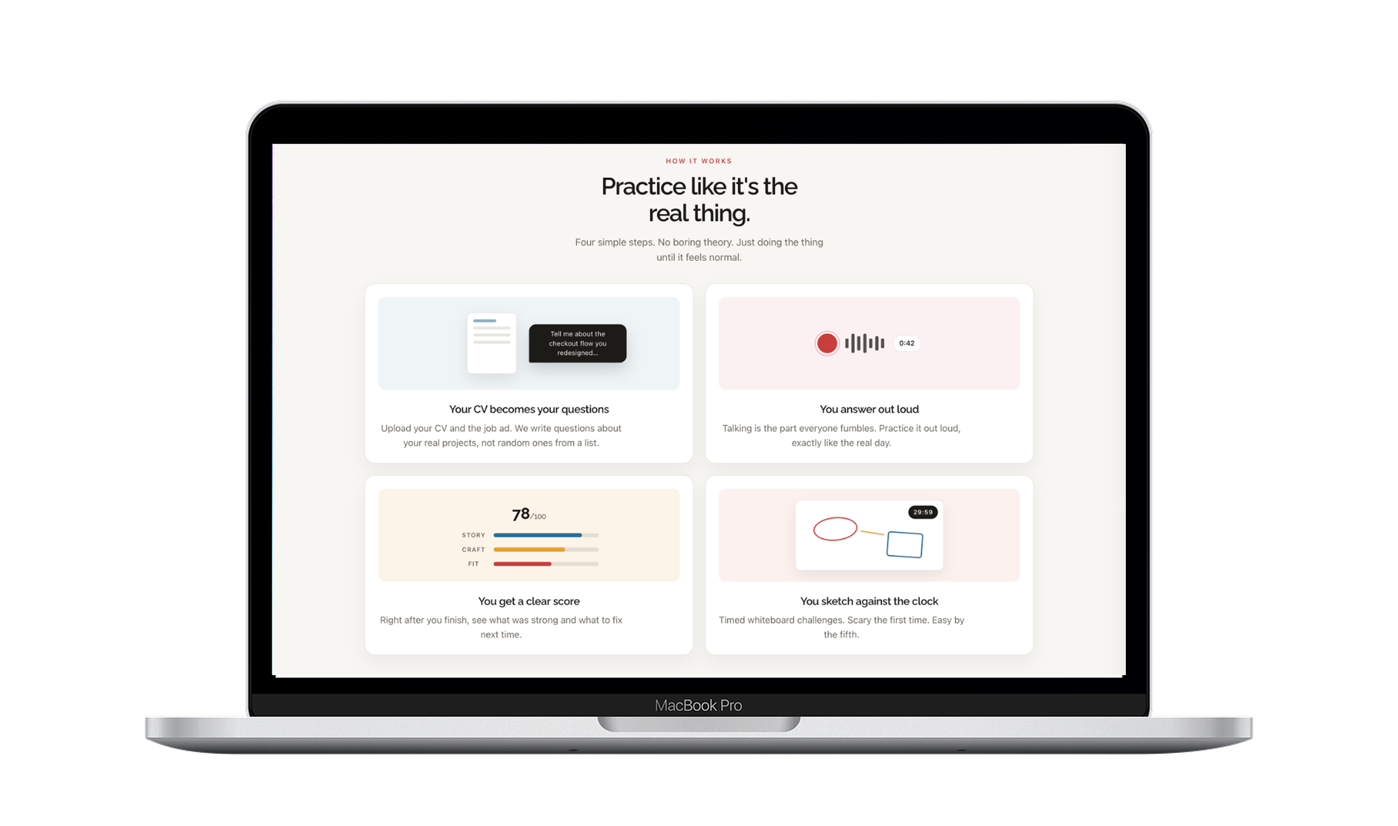 Aced-It how it works — four feature tiles for CV questions, voice practice, scoring, and whiteboard challenges