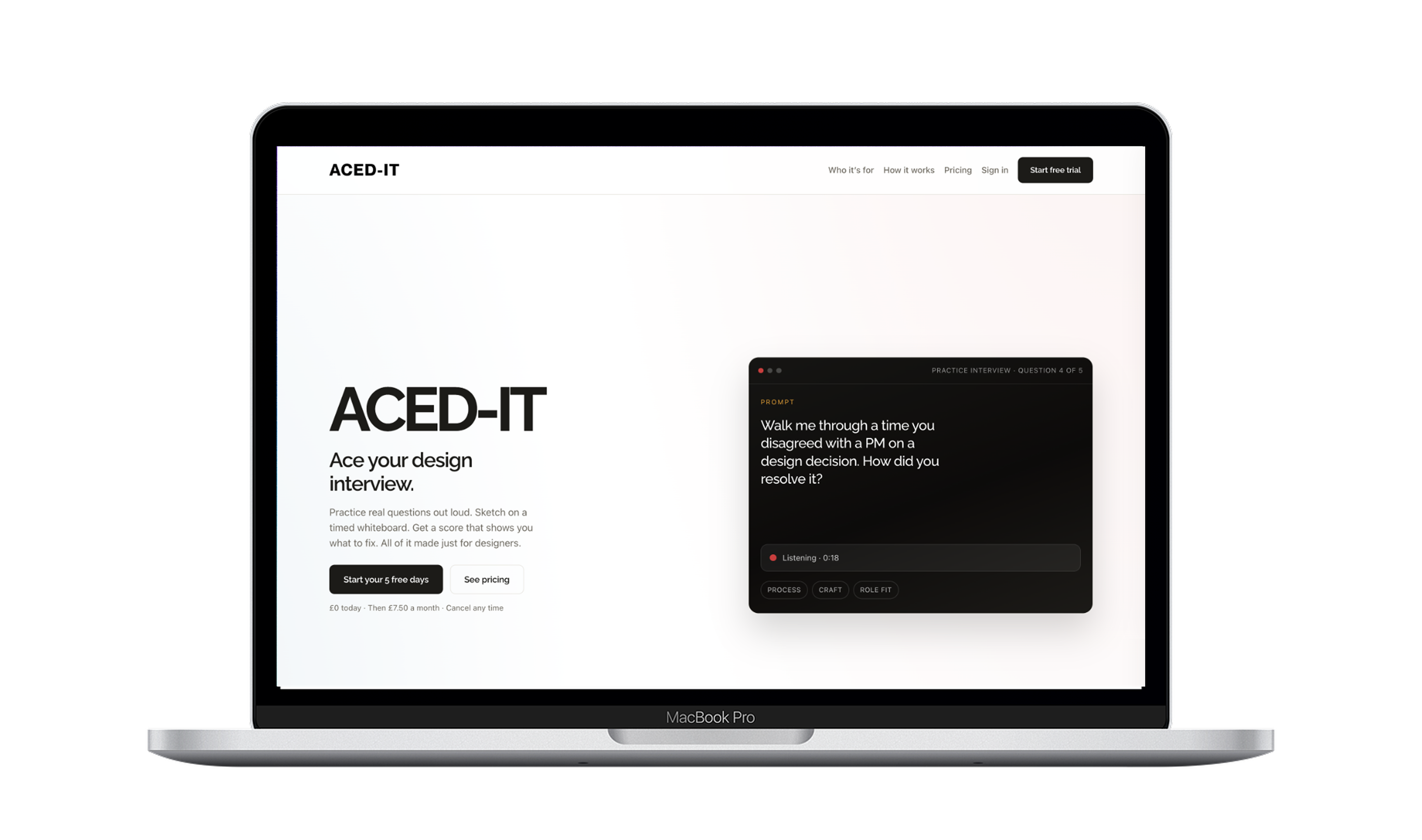 Aced-It marketing site on a laptop — Ace your design interview