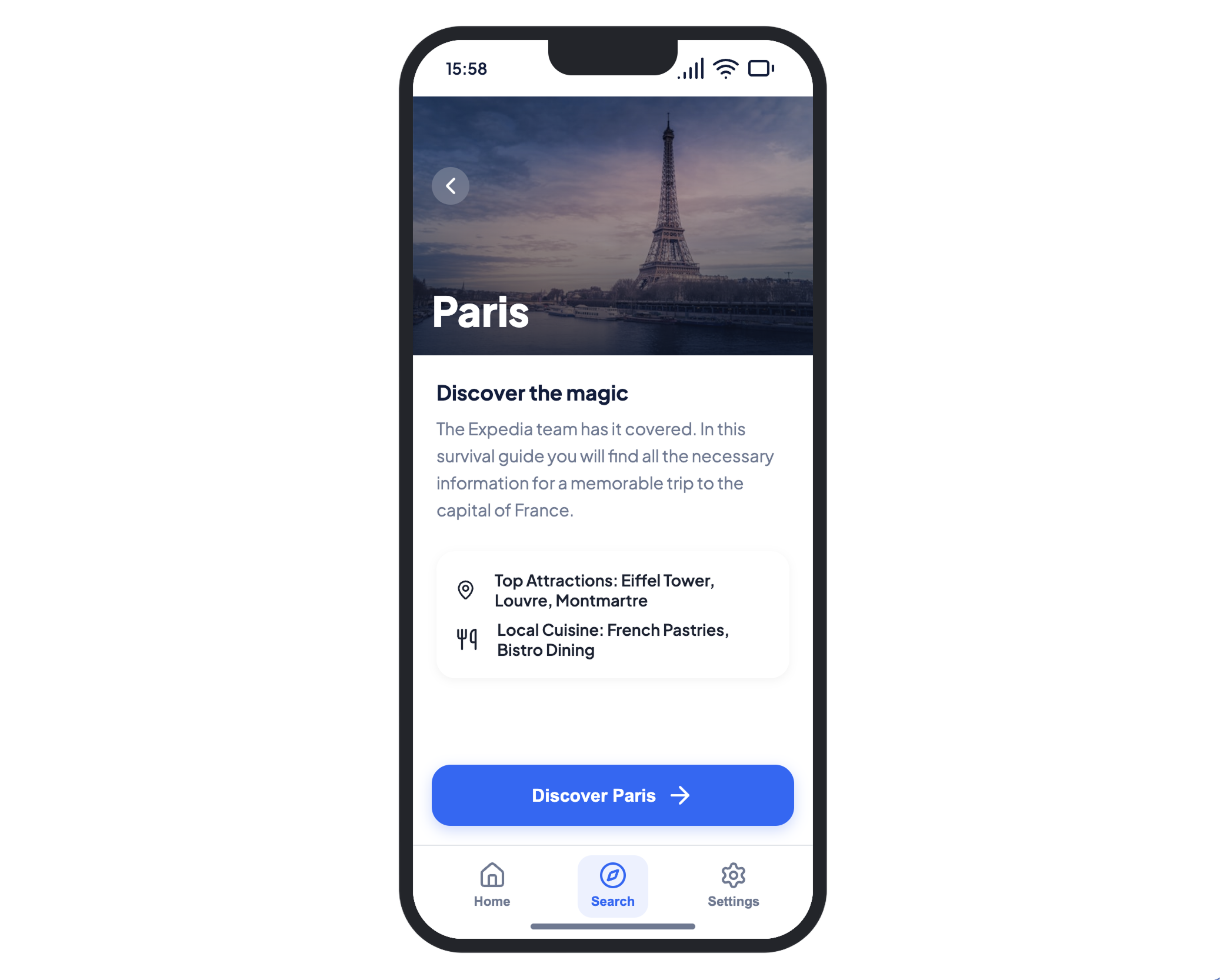 Expedia app discover city screen with destination hero and details