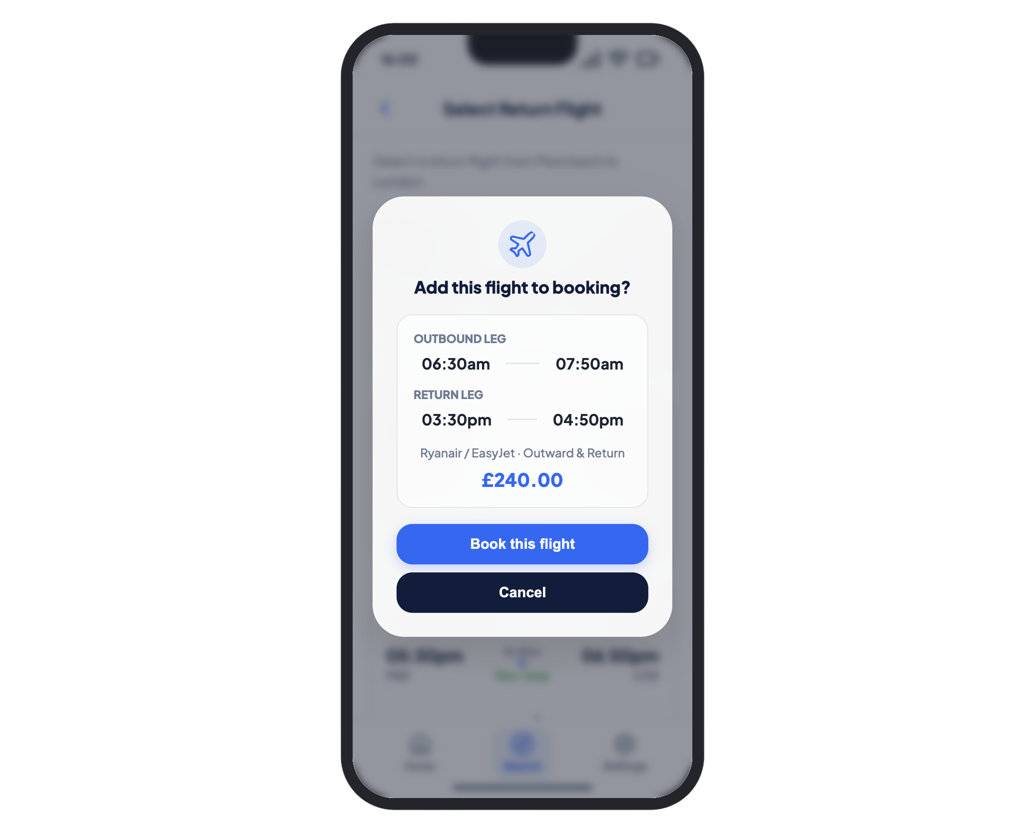 Expedia app flight confirmation modal with outbound and return summary