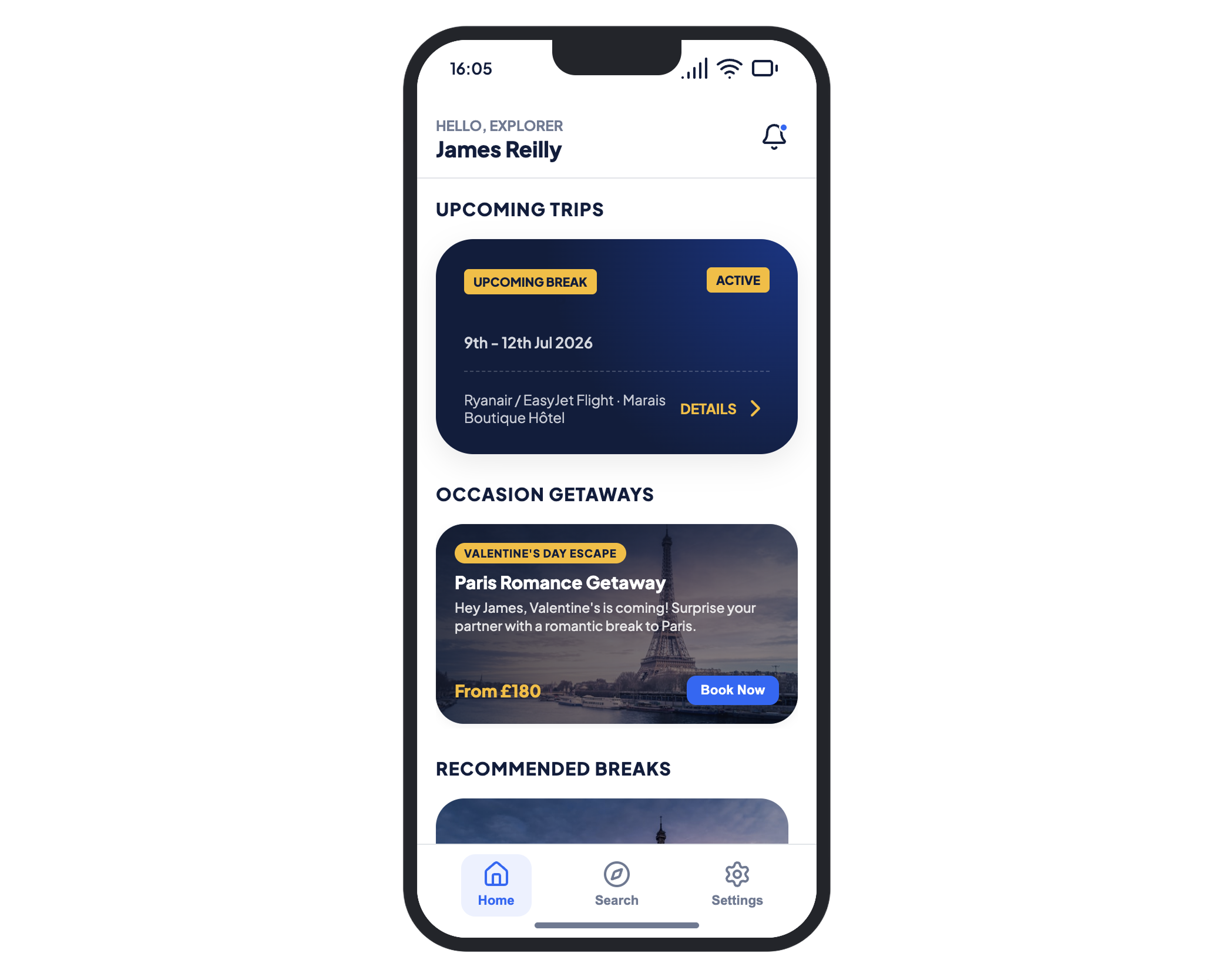 Expedia app home screen with recommended city breaks