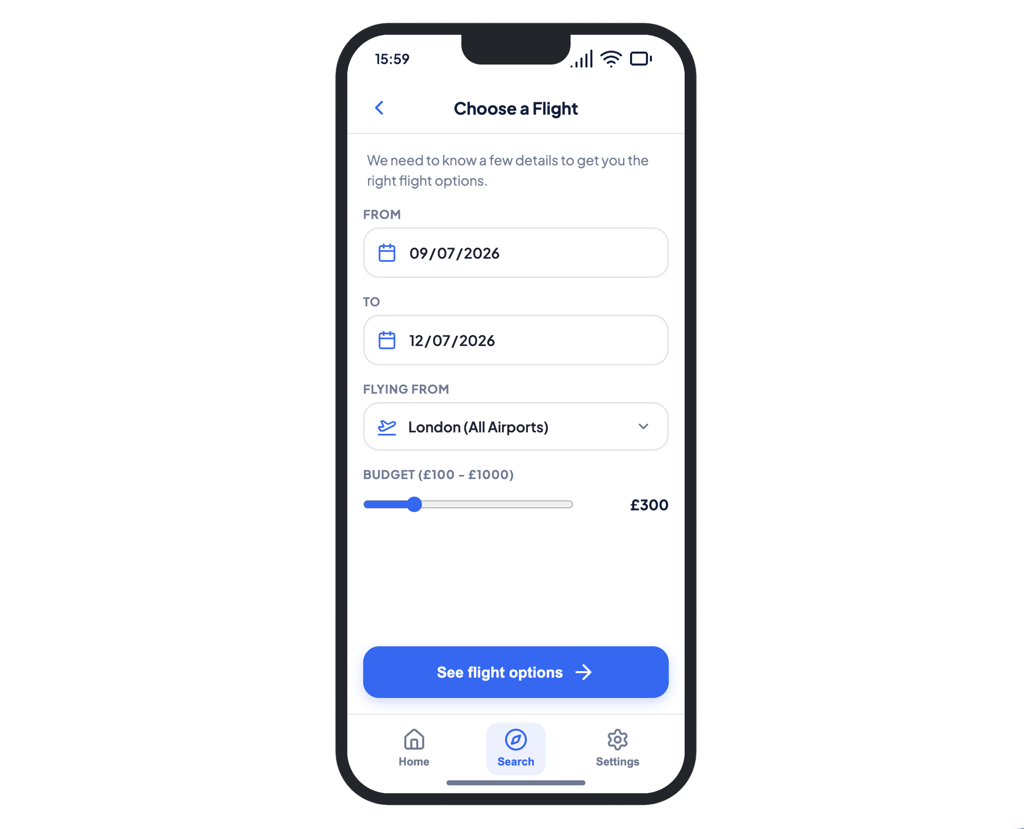Expedia app flight parameters screen with origin dates and budget