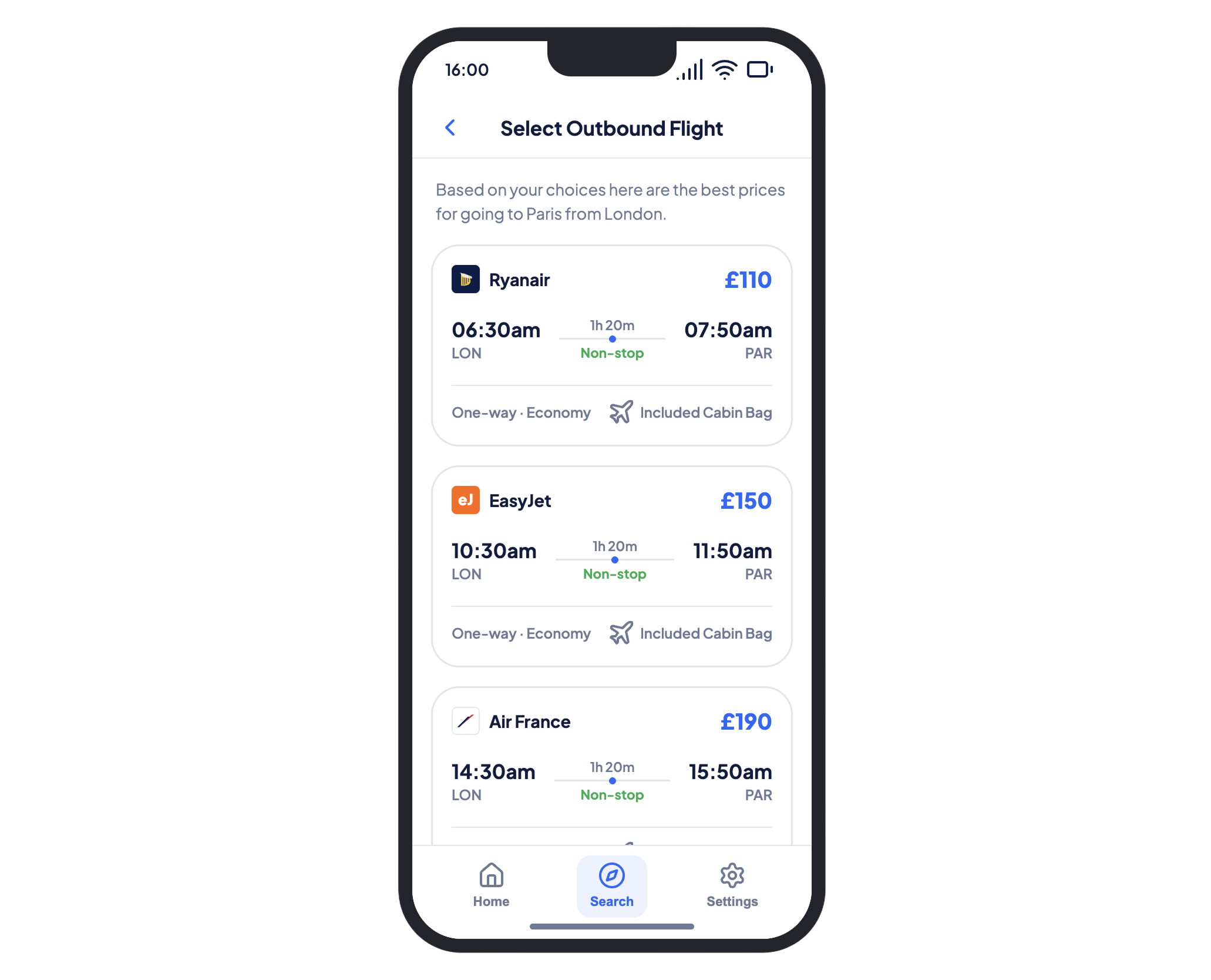 Expedia app outbound flight selection screen