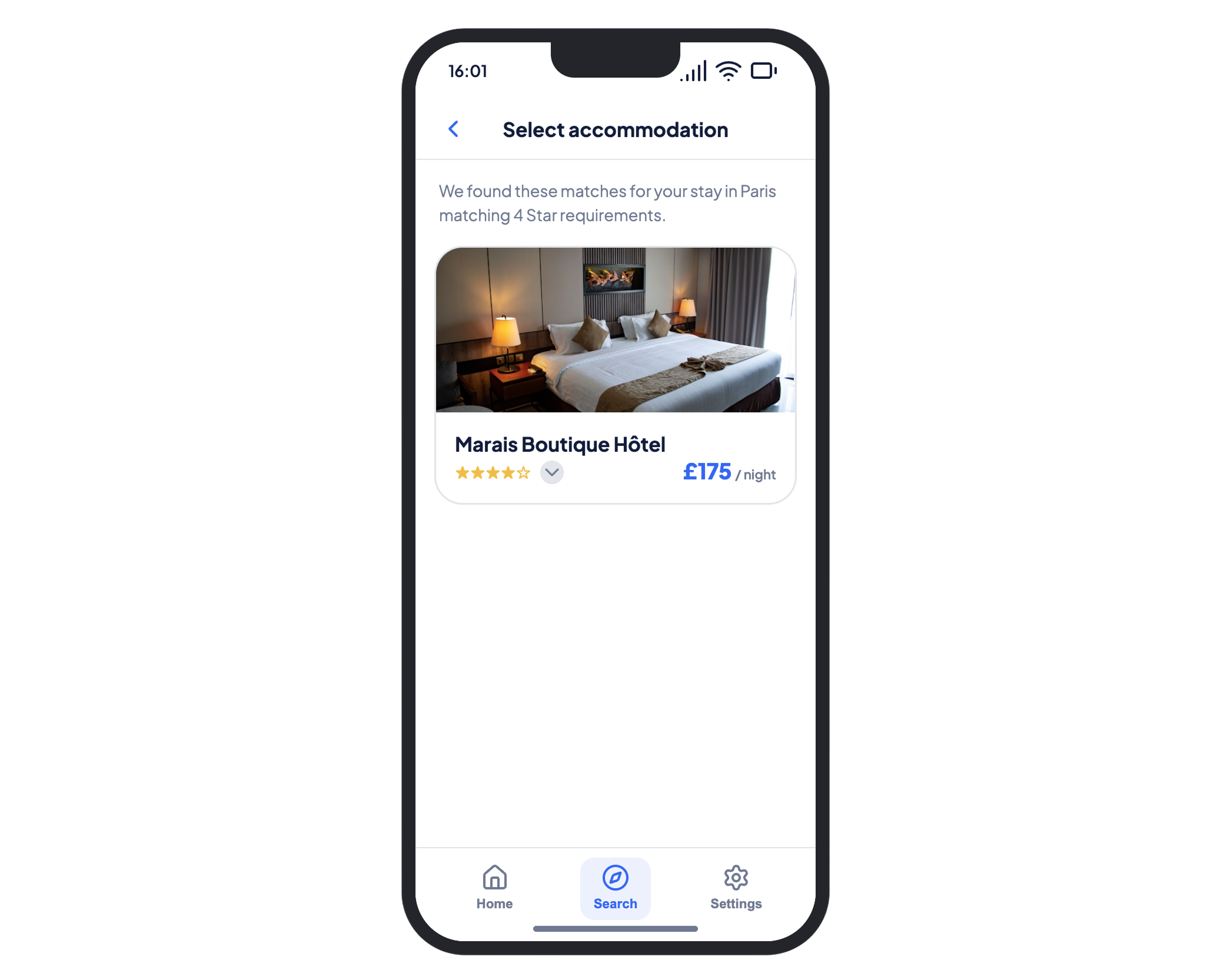 Expedia app hotel selection screen with rated accommodation