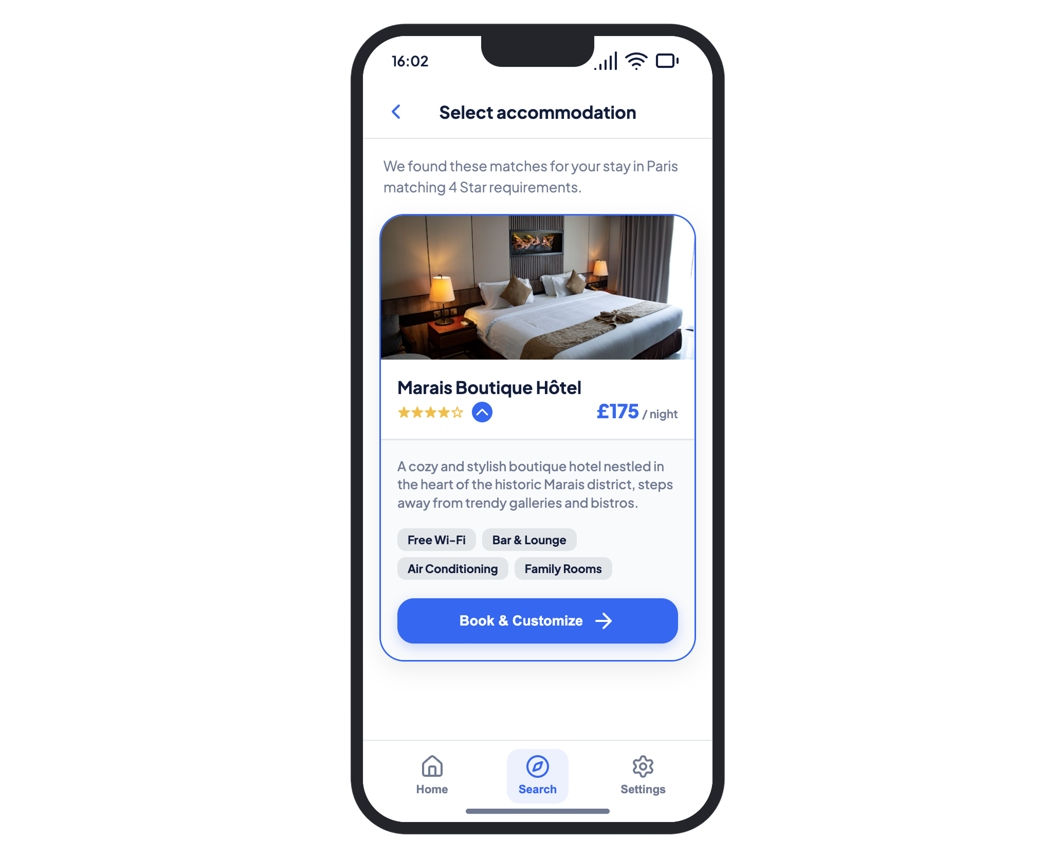 Expedia app hotel detail screen with facilities and booking total