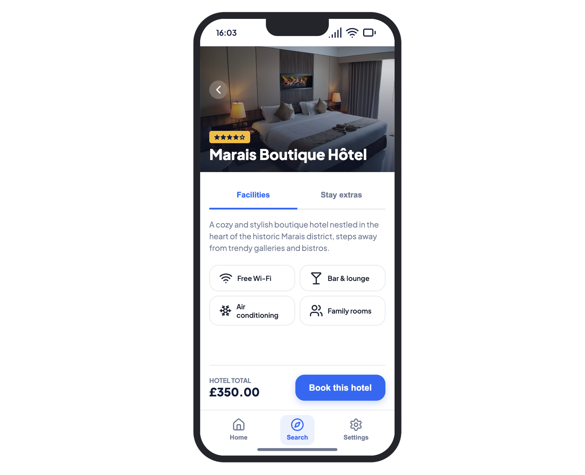 Expedia app hotel detail screen with extended facilities view
