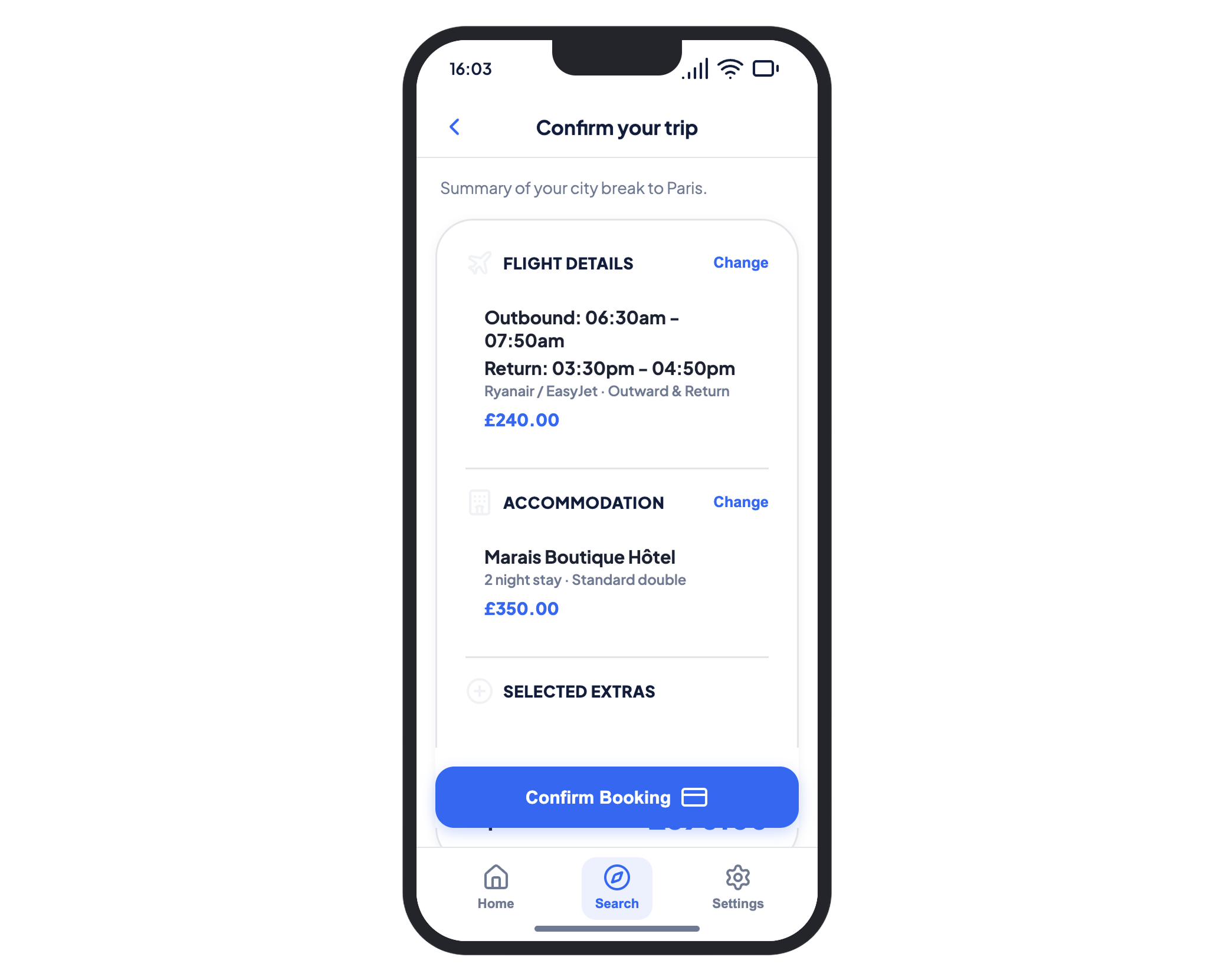 Expedia app booking confirmation screen with trip summary