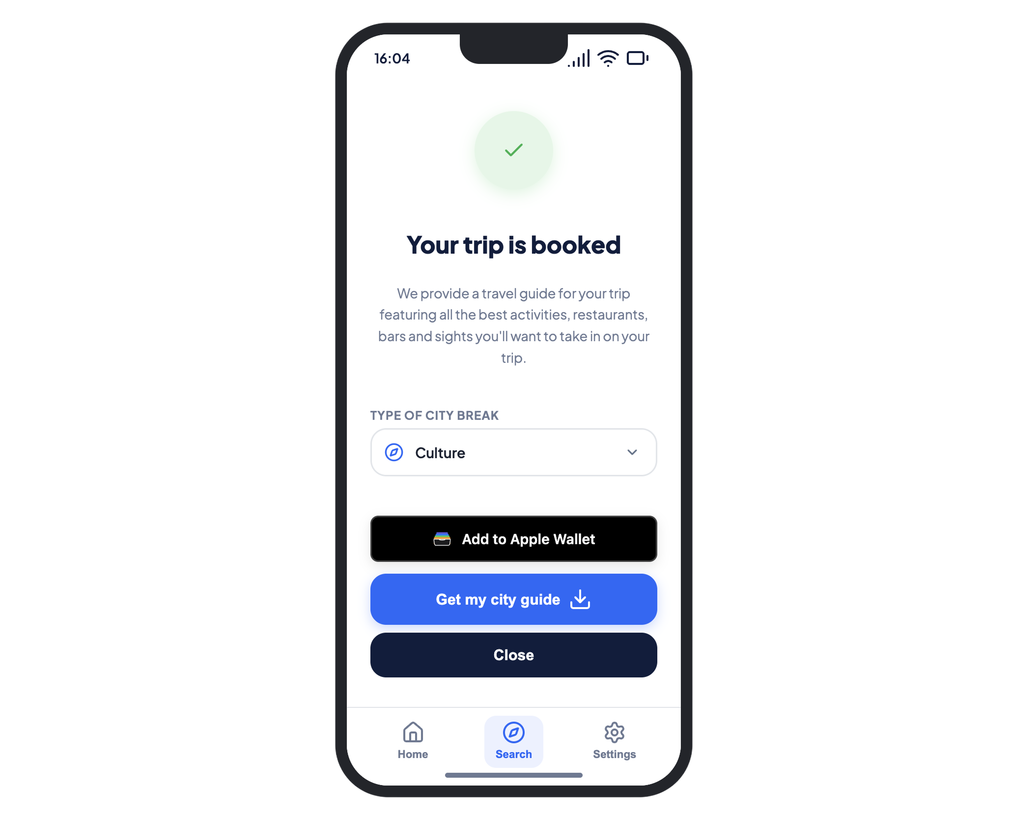 Expedia app booking success screen with confirmation and city guide