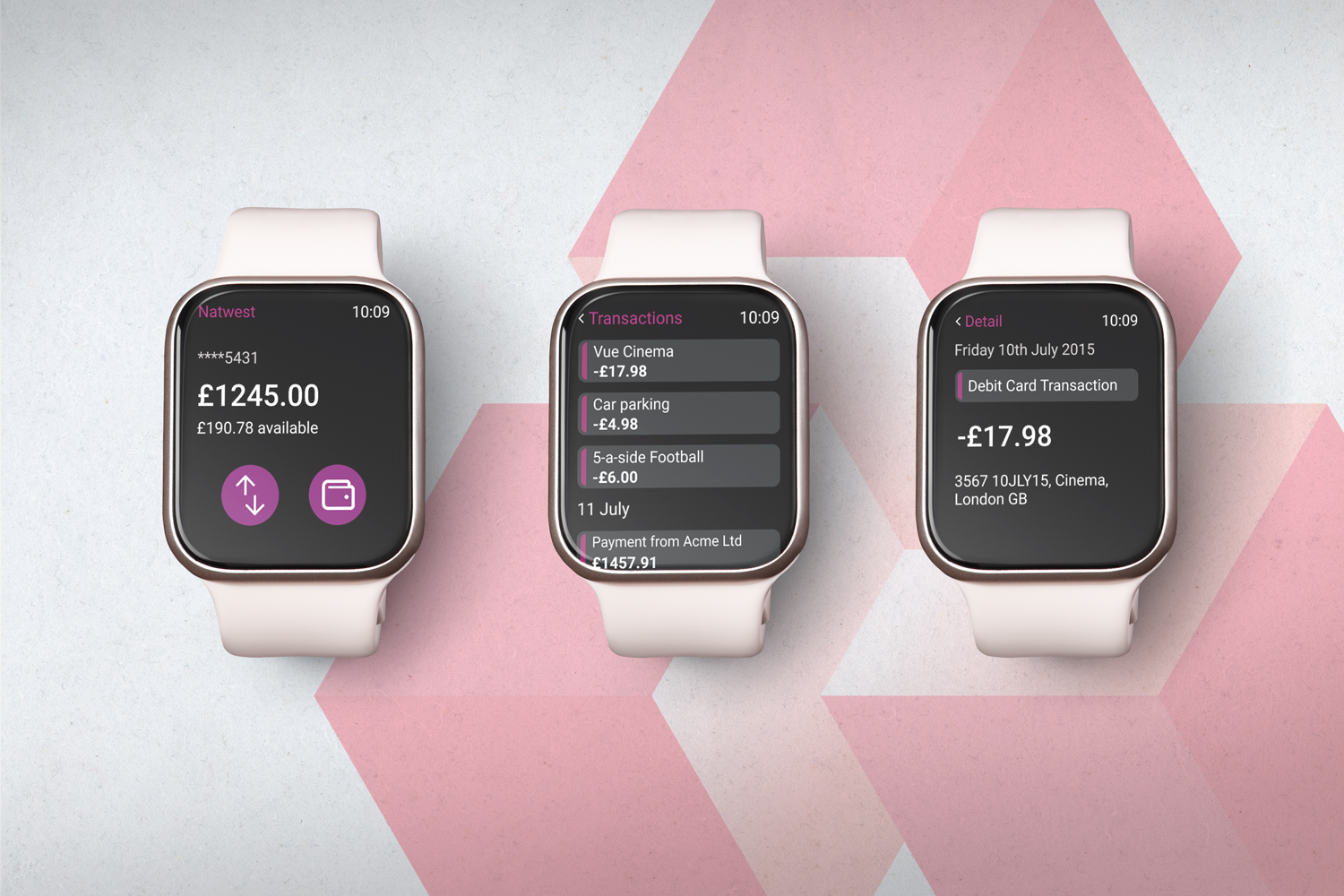 NatWest Apple Watch app showing balance and recent transactions on a wrist
