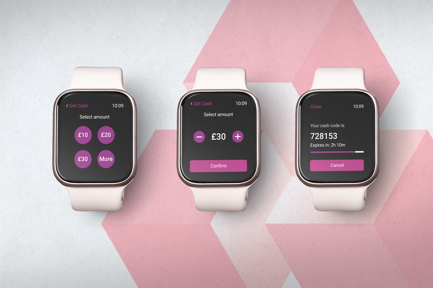 NatWest Apple Watch app showing a get cash code feature for cardless ATM withdrawal