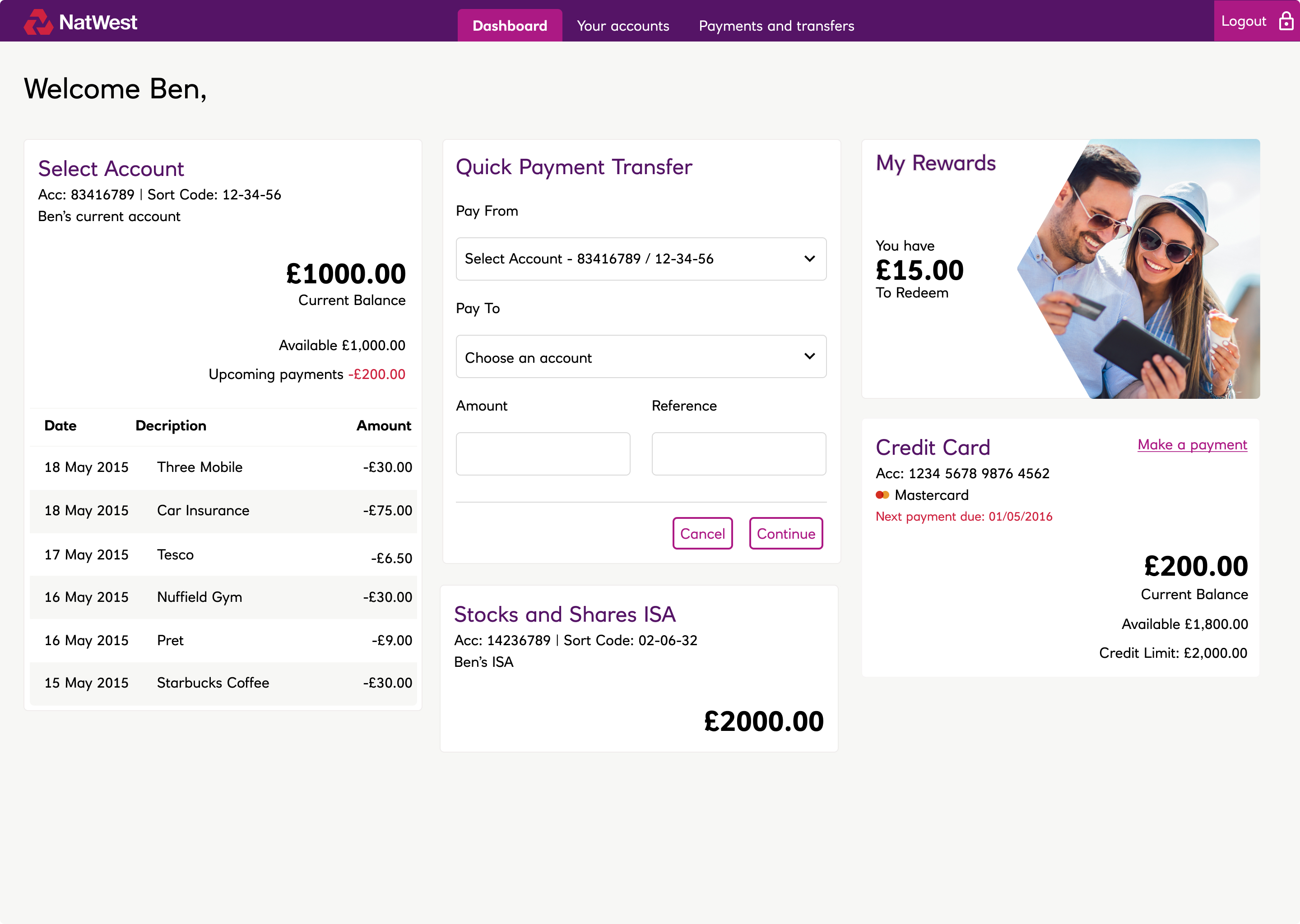 NatWest dashboard showing account cards with balances, a rewards account, recent transactions, and a quick payment panel