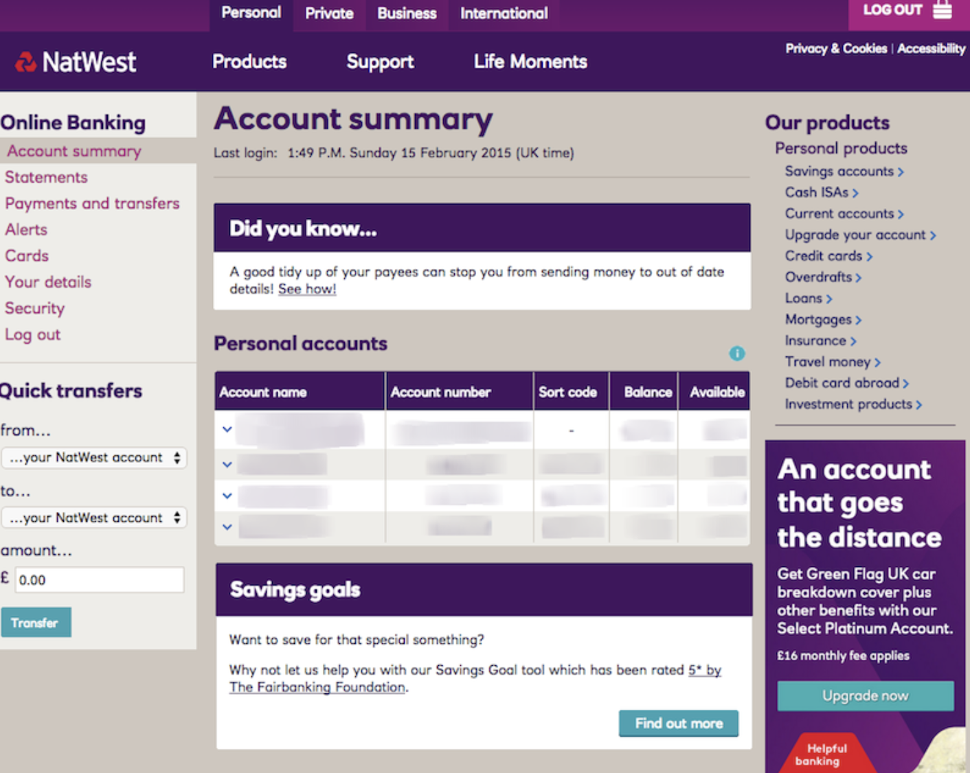 The legacy NatWest online banking account summary with sidebar navigation, promotional banners, and a dense account table