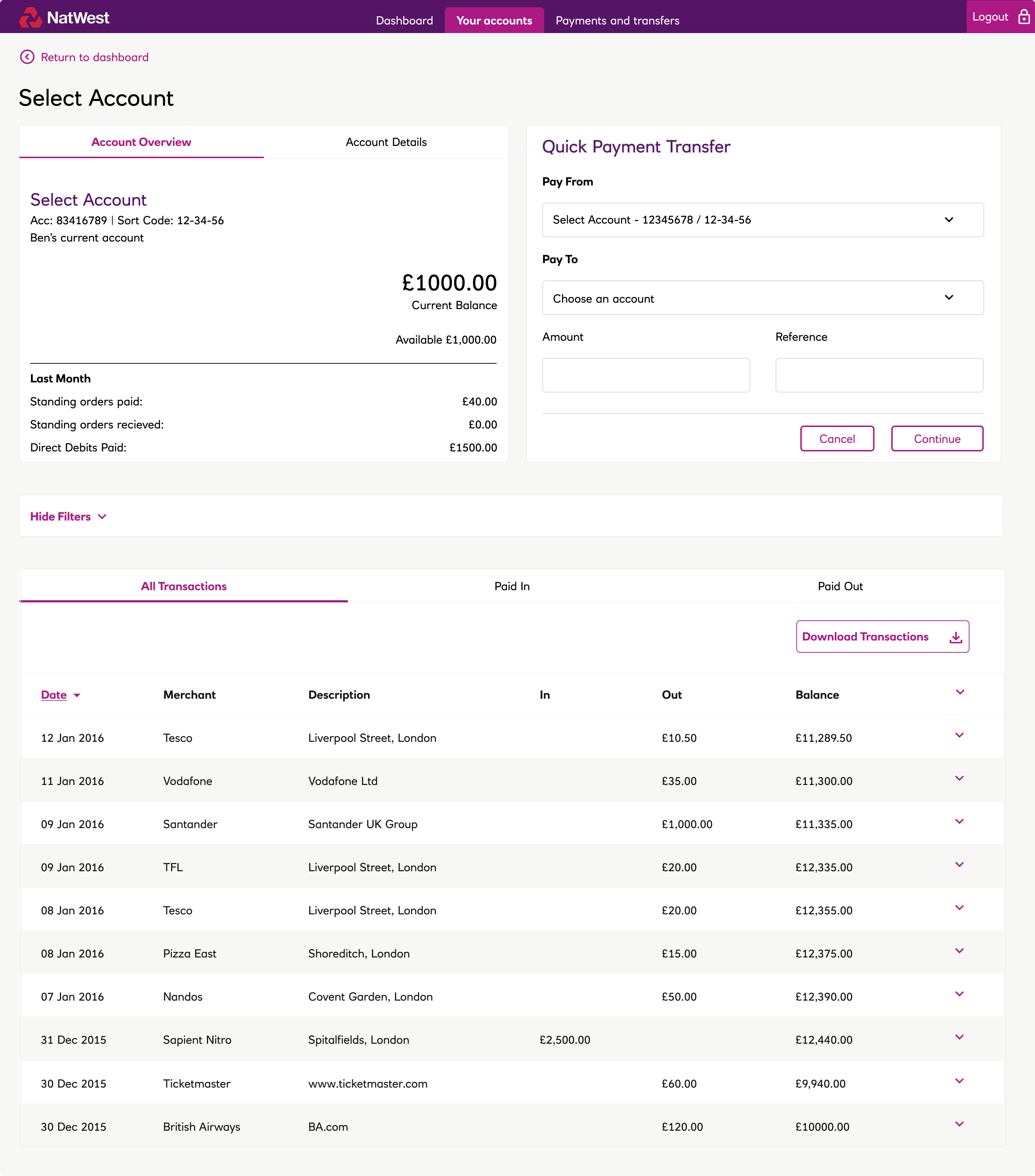 NatWest transaction view showing account summary, balance, and a scrollable list of recent transactions