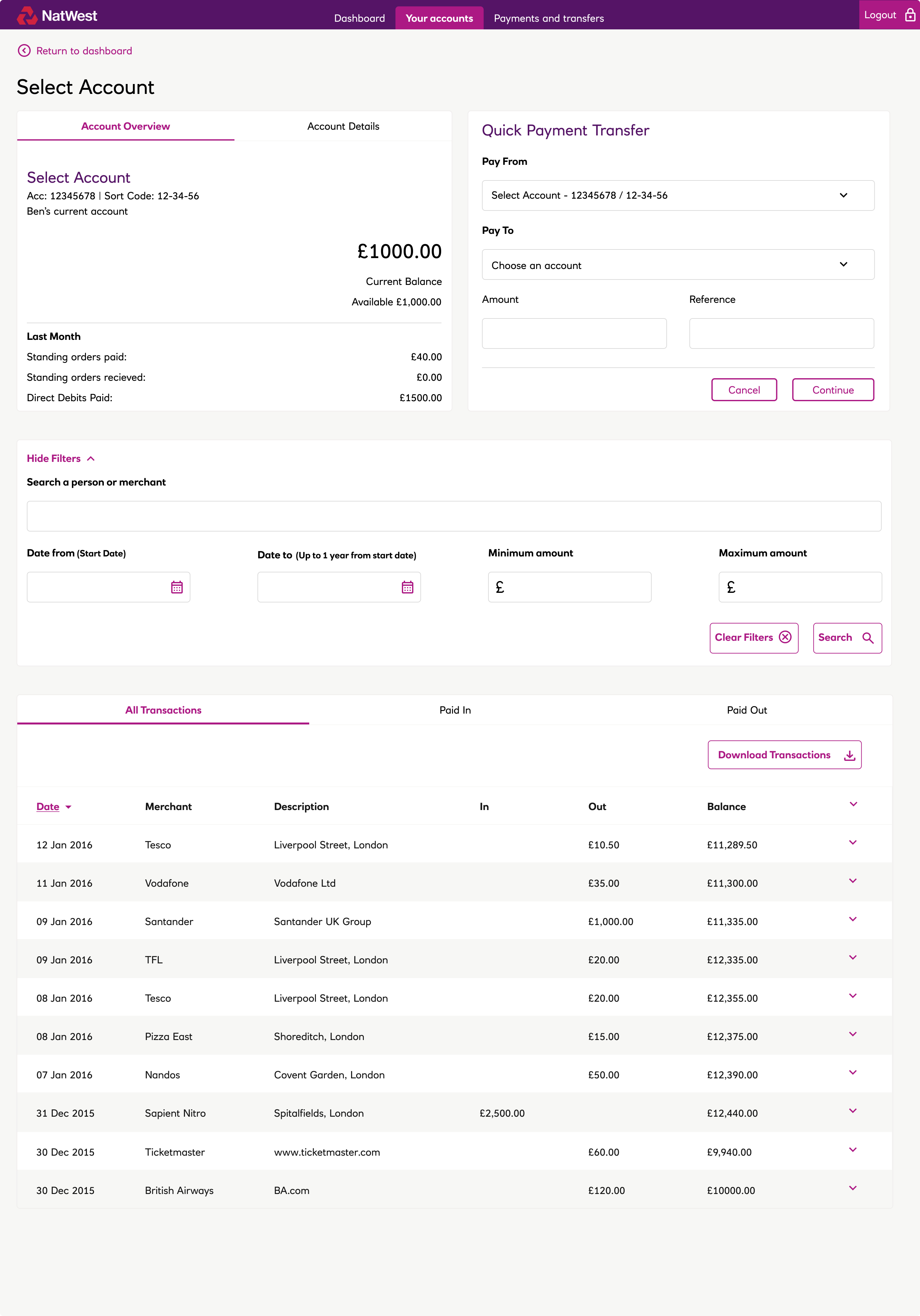 NatWest transaction view with the filter panel open showing date, amount, and category filtering options