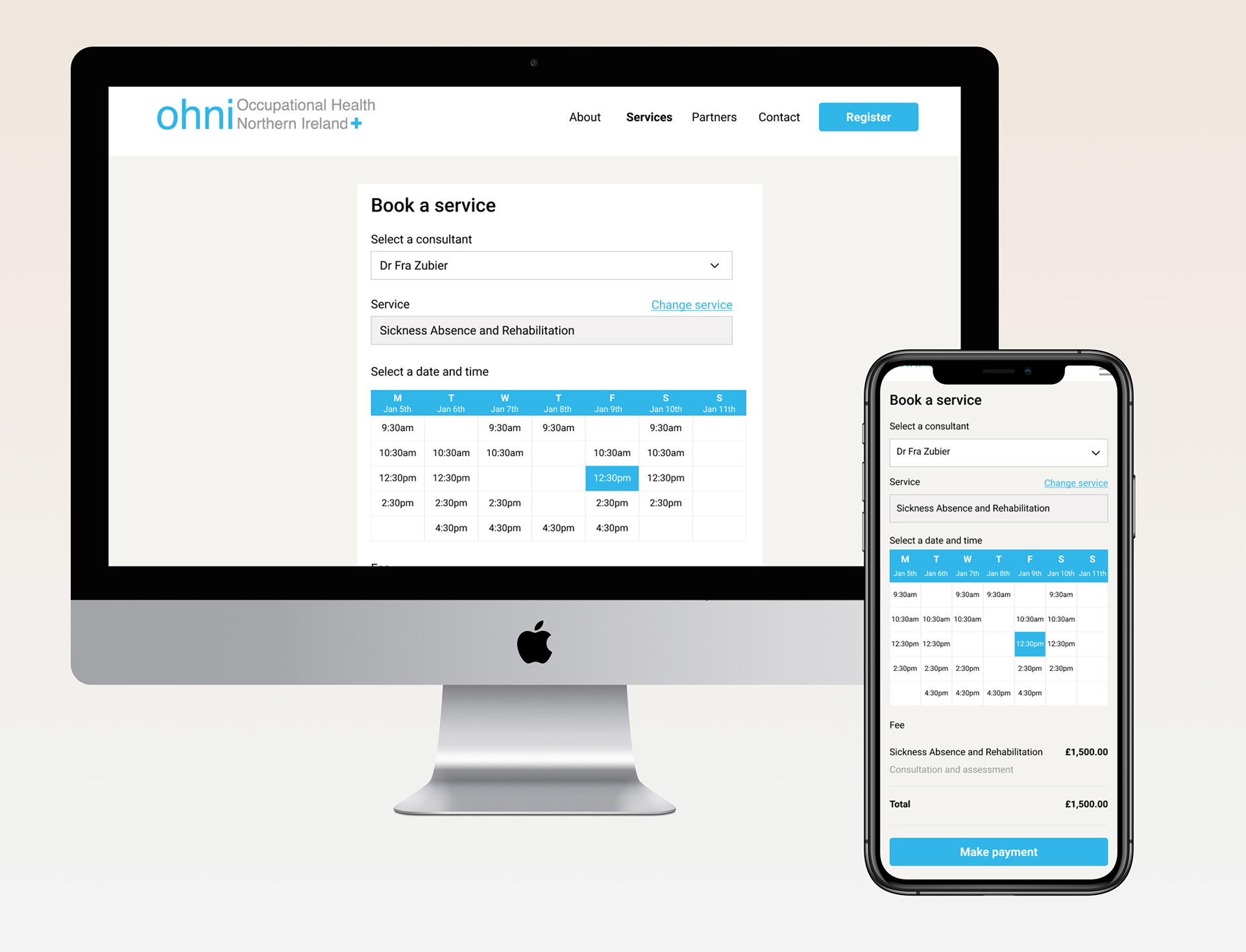 OHNI online booking page design