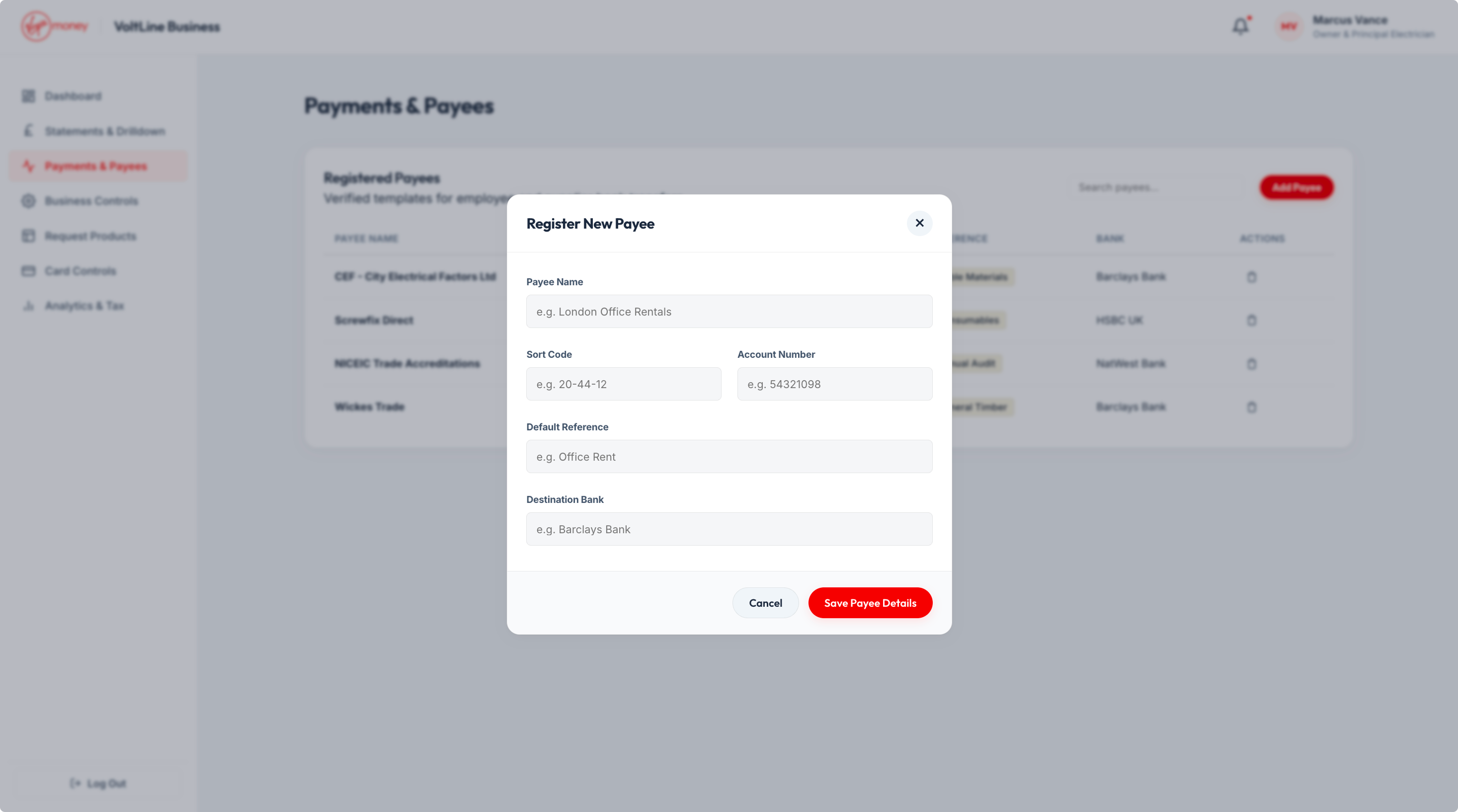 Virgin Money add payee flow for business banking