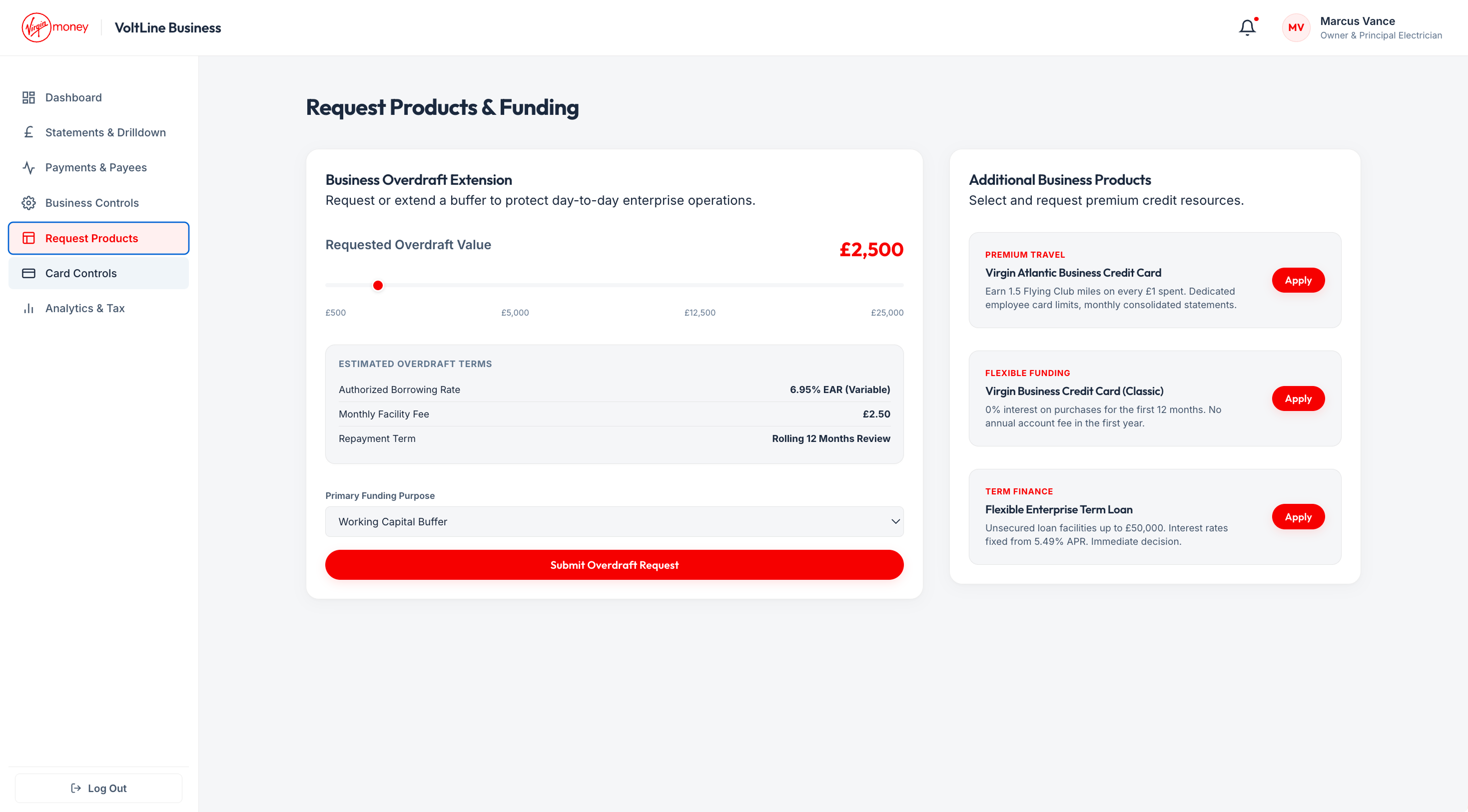 Virgin Money business banking screen for applying for overdrafts and credit lines