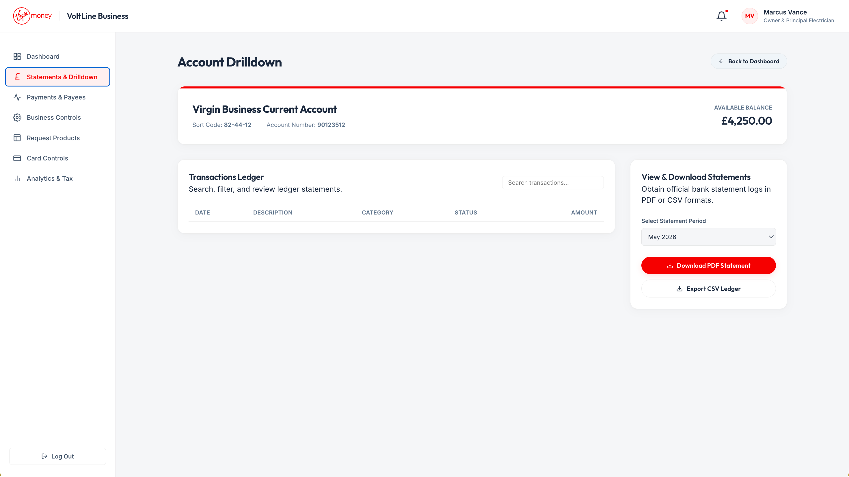 Virgin Money current account statement view with transaction drill-down