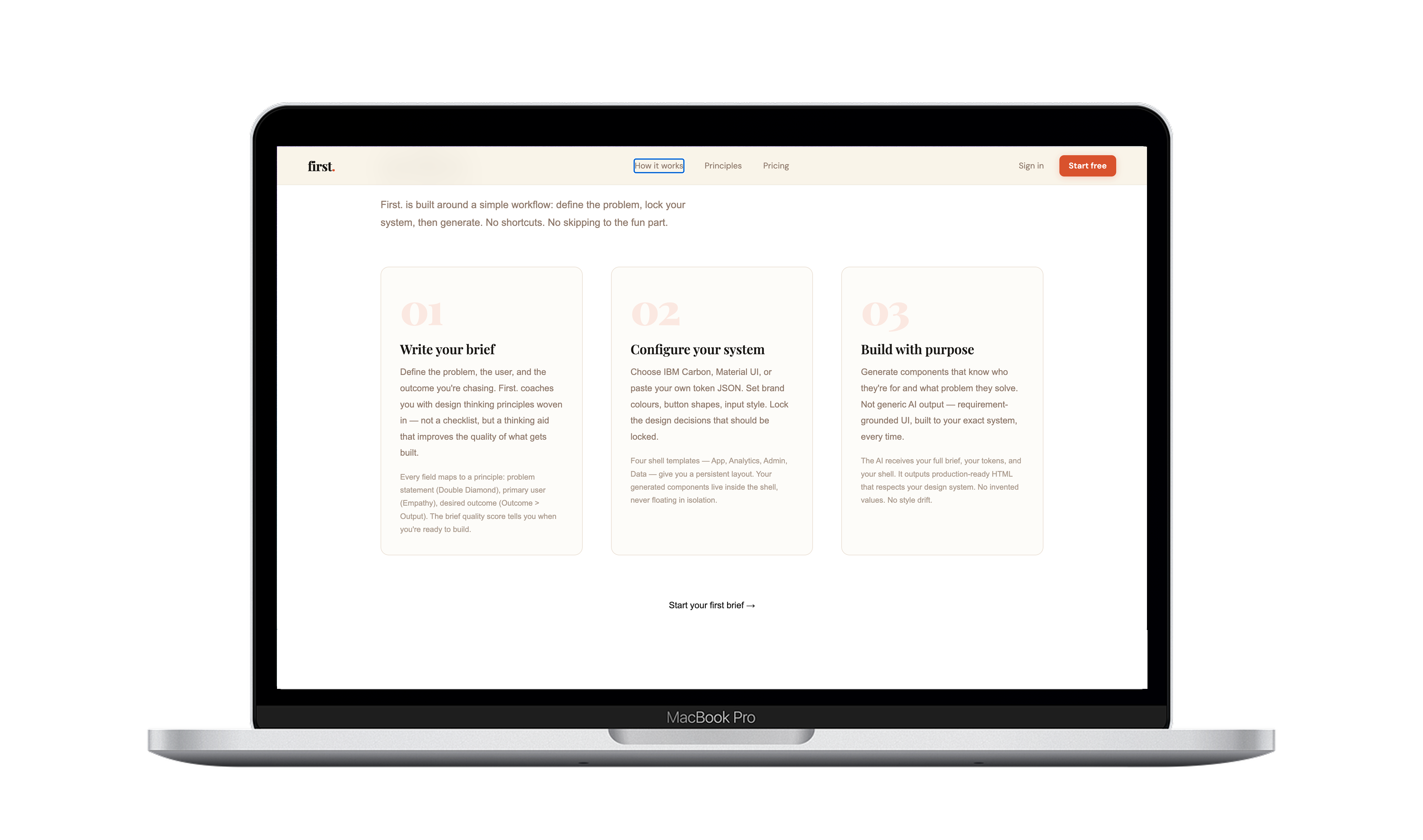 First. product overview — requirements-first design brief scoring, design system choice, and build flow
